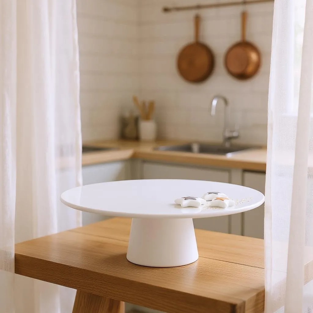 Weiße Etagere von Räder mit Zimtsternen auf einem Holztisch in einer hellen Küche.