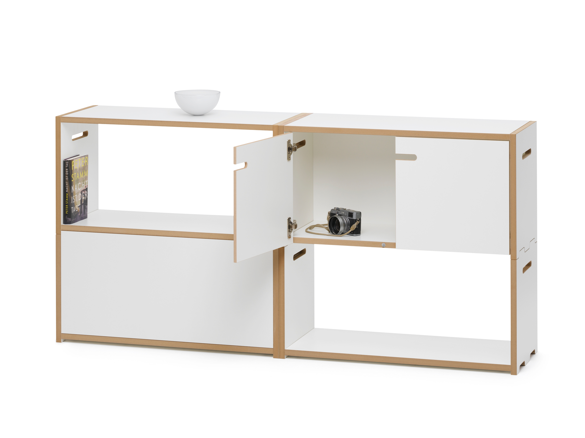 Tojo Hochstapler Regal Grundmodul mit Türen: Weißes, modulares Regalsystem mit Fächern und Stauraum.