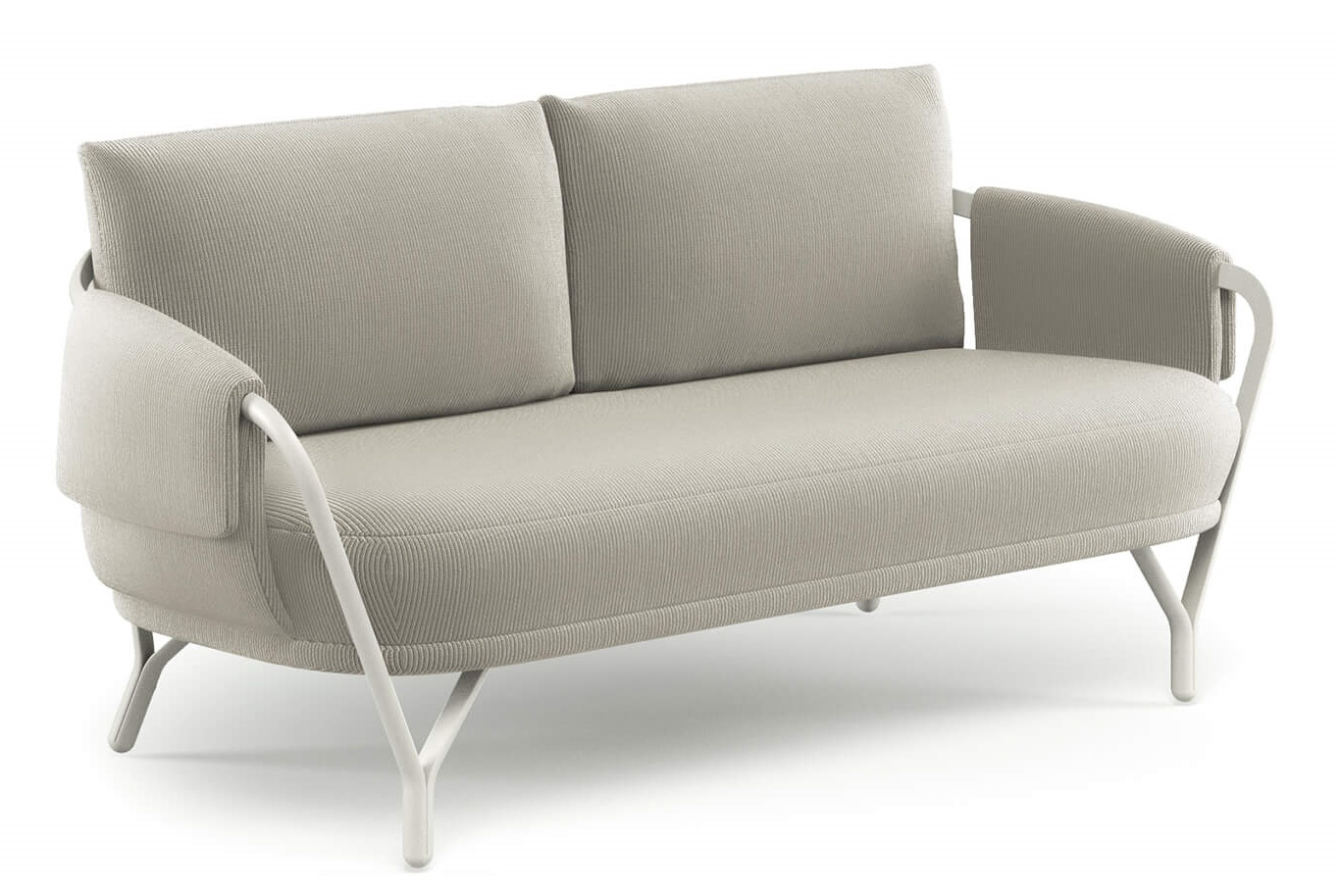 Angel 2-Sitzer Sofa Outdoor Emu, modernes Gartensofa mit hellgrauem Cordbezug und weißem Metallgestell.
