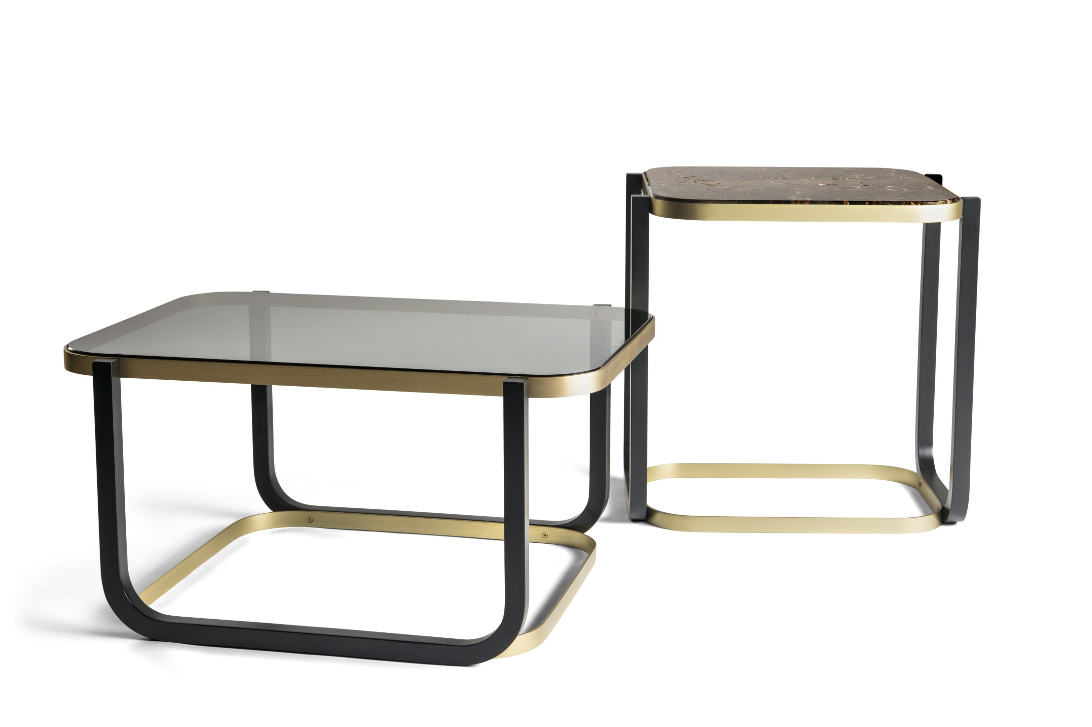 Duet Couchtisch von Wiener GTV Design mit Glasplatte und Marmorplatte, modernes Wohnzimmer Design.