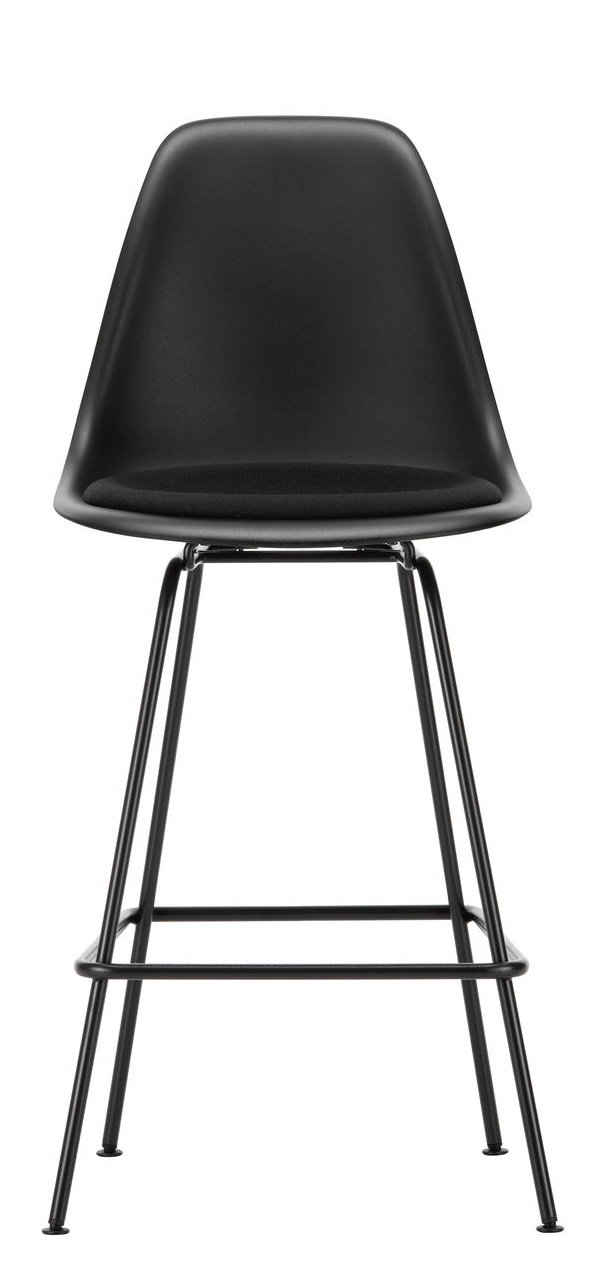 Schwarzer Eames Plastic Bar Stool von Vitra mit Sitzpolster, moderner Barhocker für Küche oder Bar.