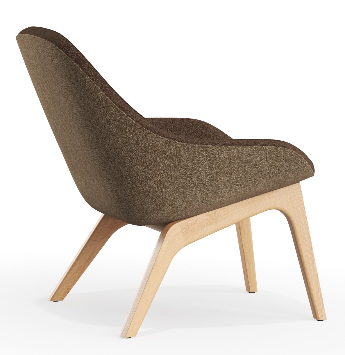 Morph Lounge Chair Sessel von Zeitraum, brauner Stoffbezug und helle Holzbeine, seitliche Ansicht.