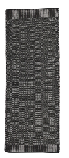 Grauer Rombo Teppich von Woud, 75x200 cm, mit feiner Webstruktur und Randstreifen.