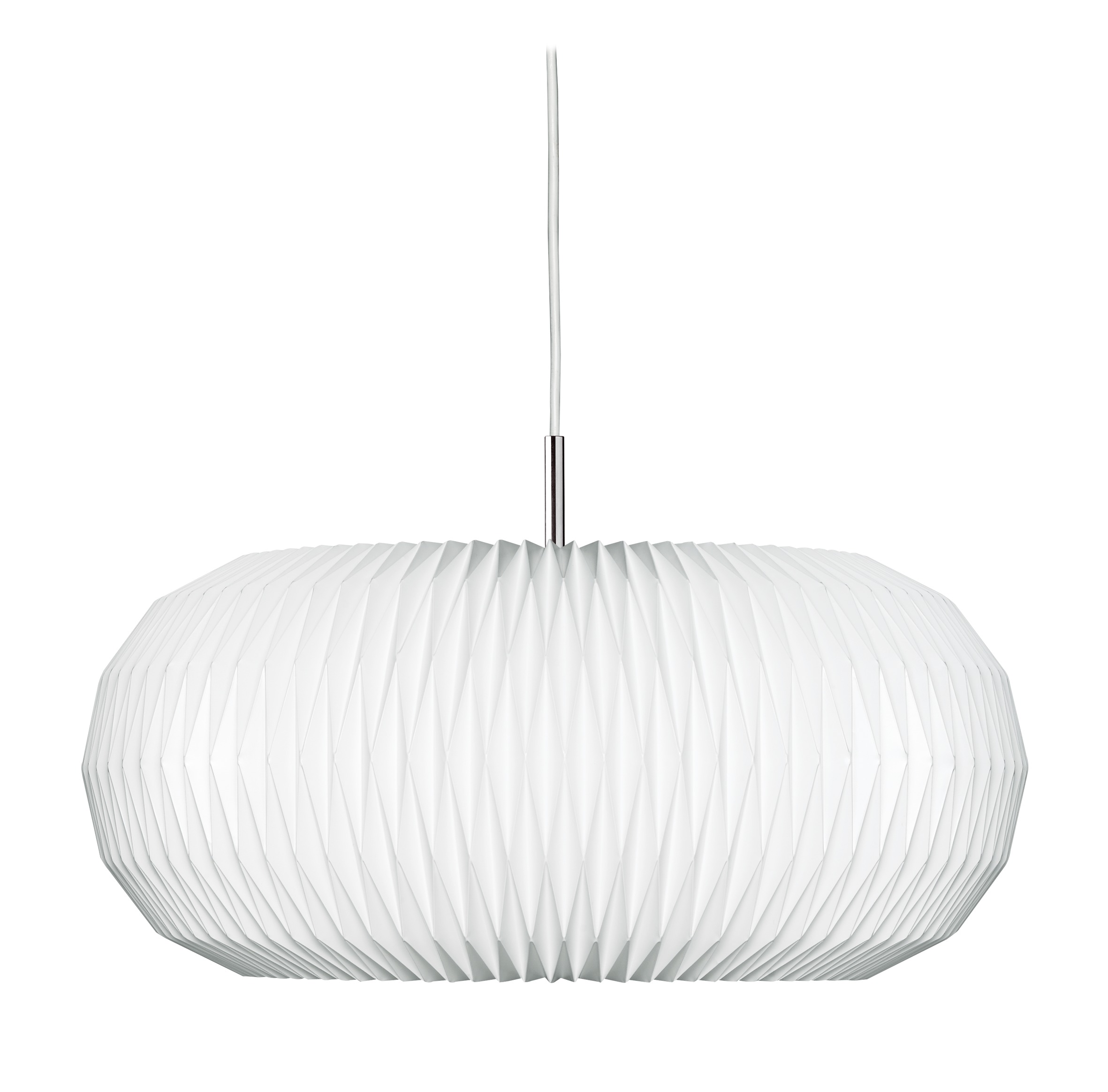 Donut Pendelleuchte von Le Klint: Weiße, plissierte Designerlampe mit Stahlaufhängung für moderne Innenräume.
