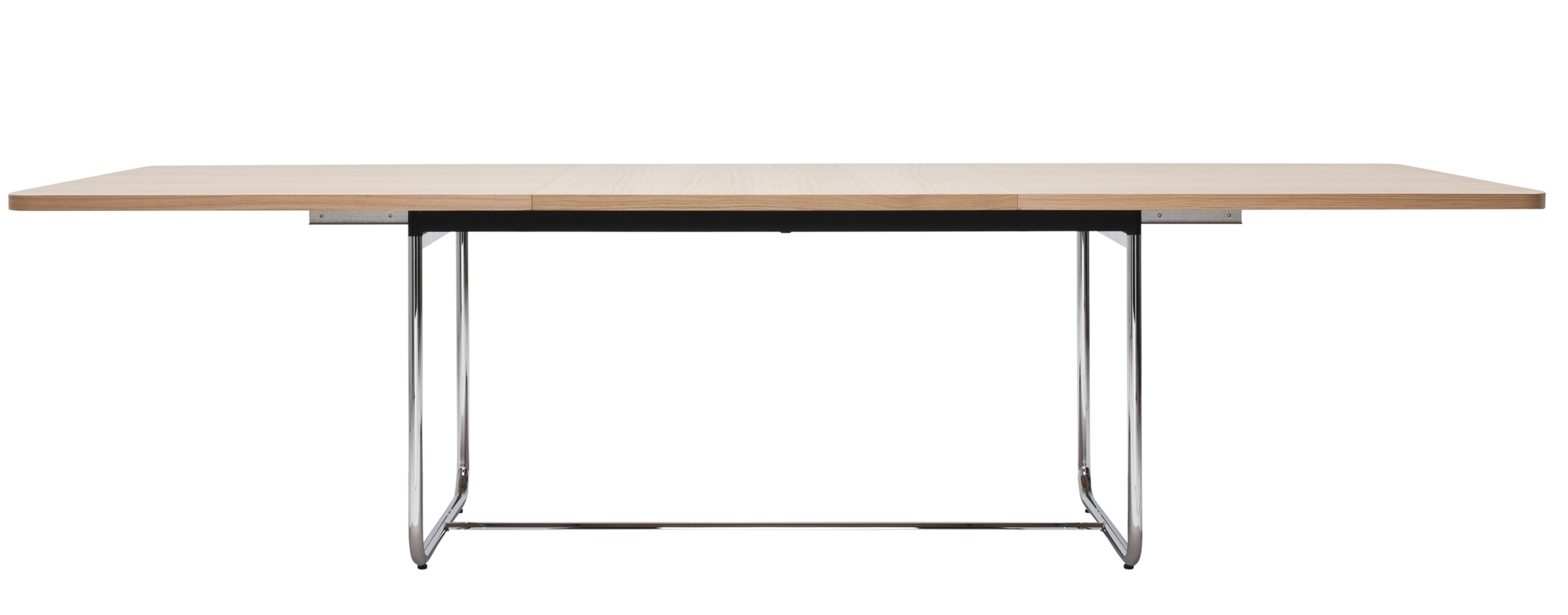 S 1072 Thonet Esstisch ausziehbar mit heller Holzplatte und verchromtem Stahlrohrgestell.