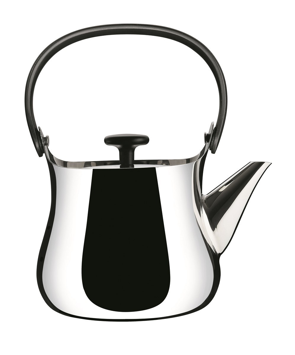 Alessi Cha Teekanne NF01 aus glänzendem Edelstahl mit schwarzem Griff und Deckelknopf.