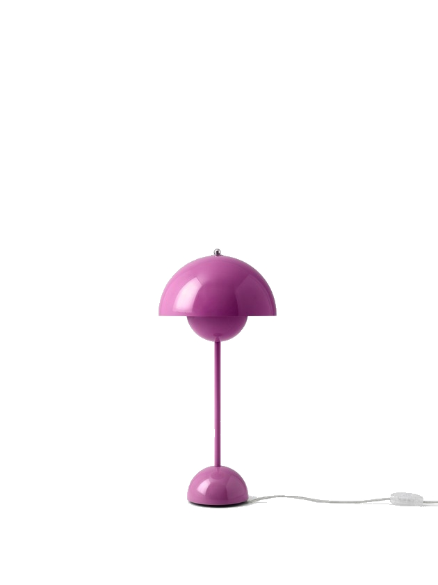 Nahaufnahme der pinken Flowerpot VP3 Tischleuchte von AndTradition, modernes Design für Wohnzimmer und Schlafzimmer.