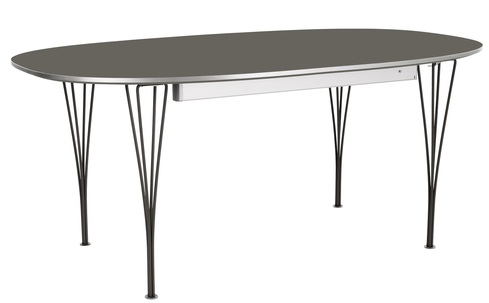 Fritz Hansen Super Elliptisch Ausziehtisch mit grau-brauner Tischplatte und filigranem, dunklem Metallgestell.