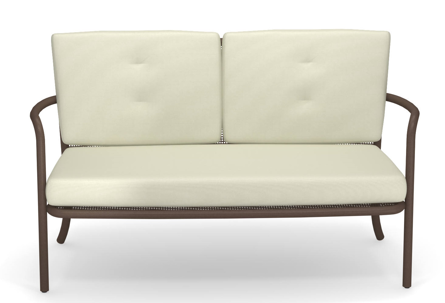 Athena 2-Sitzer Sofa von Emu für den Außenbereich, braunes Metallgestell mit beigen Polsterkissen.