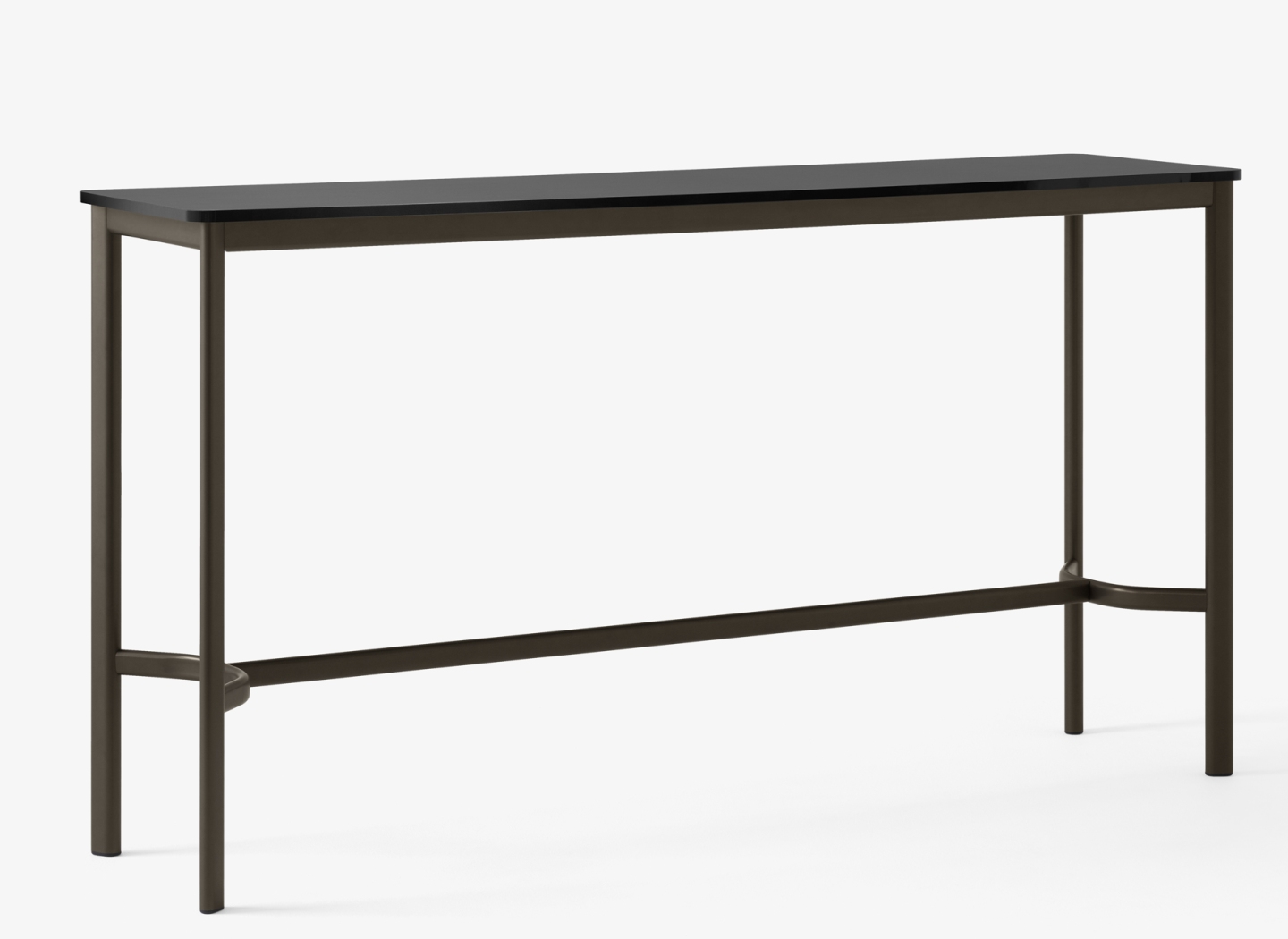 AndTradition Drip High Table Stehtisch mit schwarzer Tischplatte und braunem Metallgestell für moderne Büros.