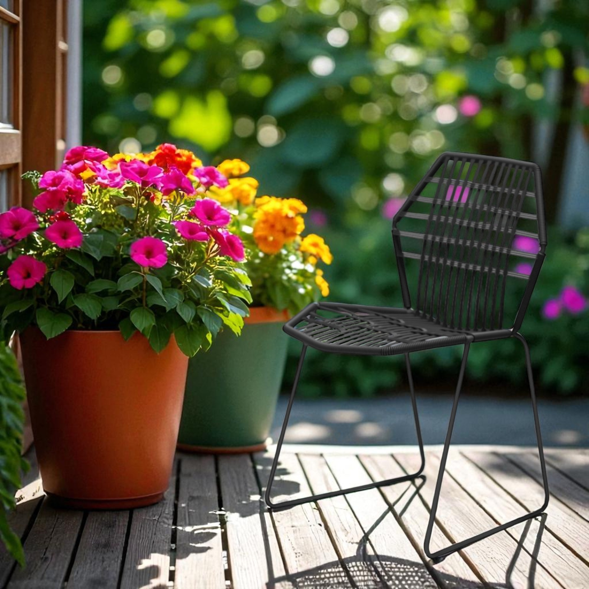 Schwarzer Tropicalia Outdoor Stuhl von Moroso auf Holzterrasse mit bunten Blumen im Hintergrund.