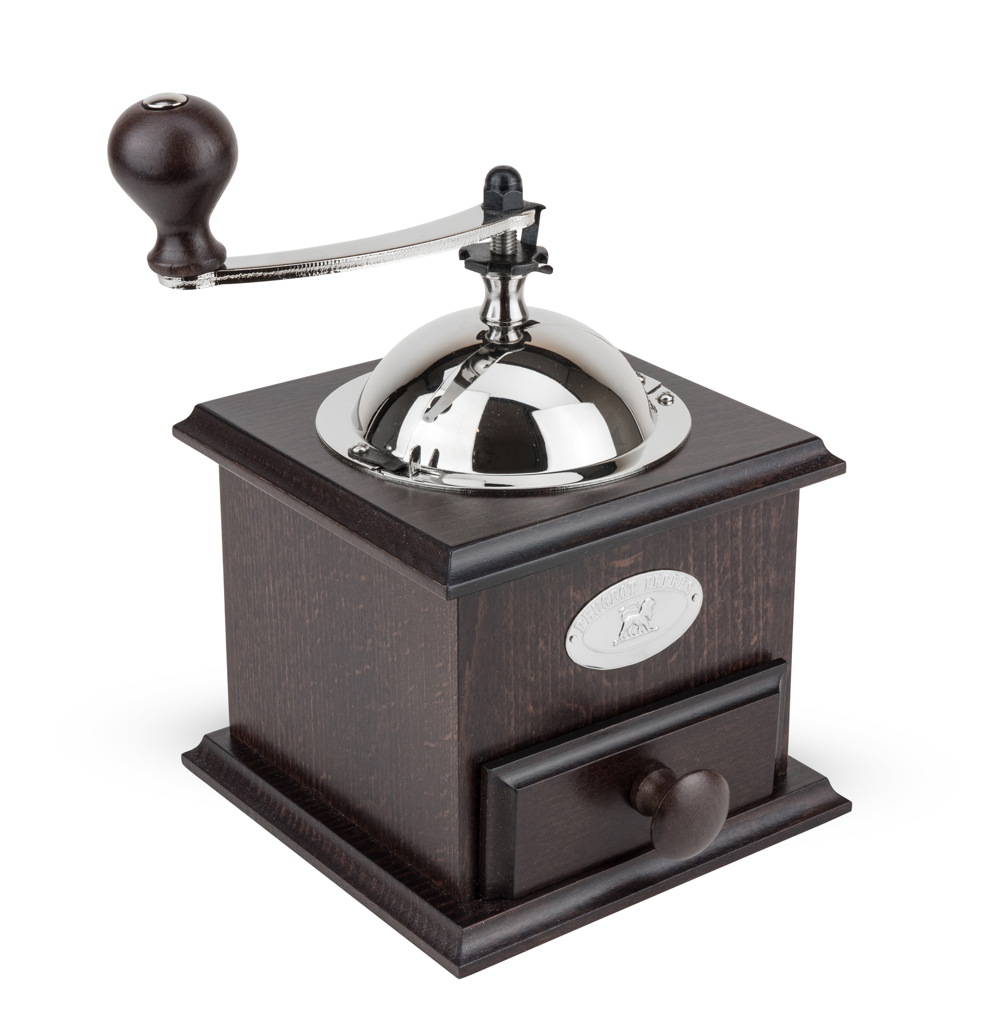 Nostalgie Kaffeemühle von Peugeot: Handbetriebene Mühle aus dunklem Holz mit Schublade und silbernem Mahlwerk.