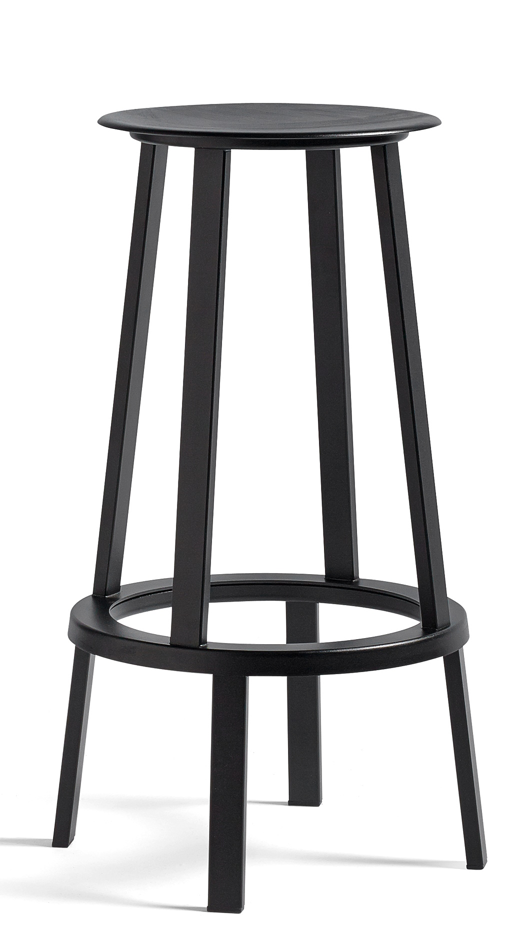 Schwarzer Revolver Bar Stool Barhocker von Hay, minimalistisches Design mit runder Sitzfläche und Fußstütze.