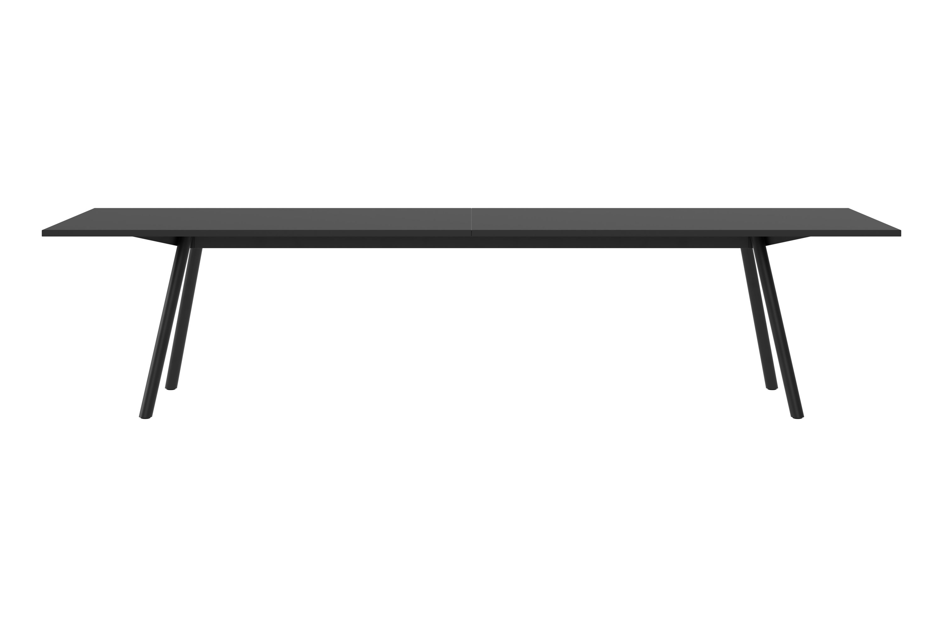 Schwarzer New Tendency Masa Tisch mit minimalistischem Design und schlanken Beinen, isoliert auf Weiß.