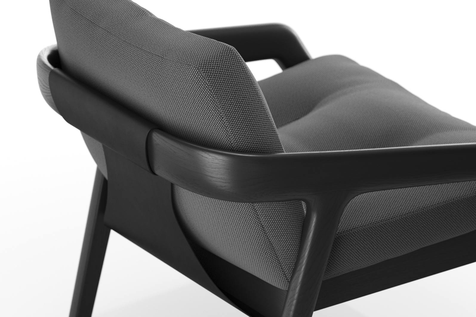 Detailaufnahme des Friday 1 Sessels Zeitraum mit grauem Stoffbezug und dunklem Holzrahmen, moderner Designer Sessel.