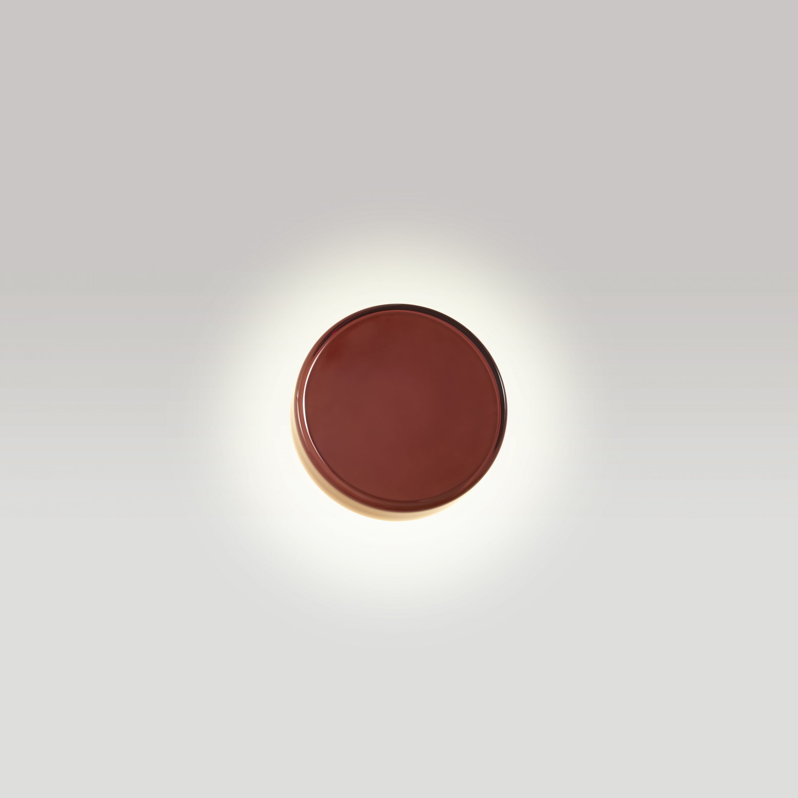 Nahaufnahme der braunen Caramel Wandleuchte von Marset, Durchmesser 28cm, Triac dimmbar.