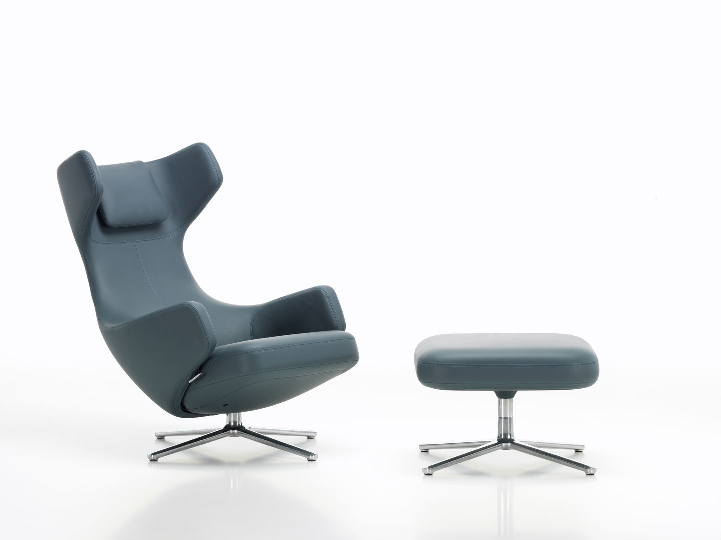 Grauer Grand Repos Sessel mit Ottoman von Vitra, Leder, poliertes Aluminiumgestell. Design Sessel.