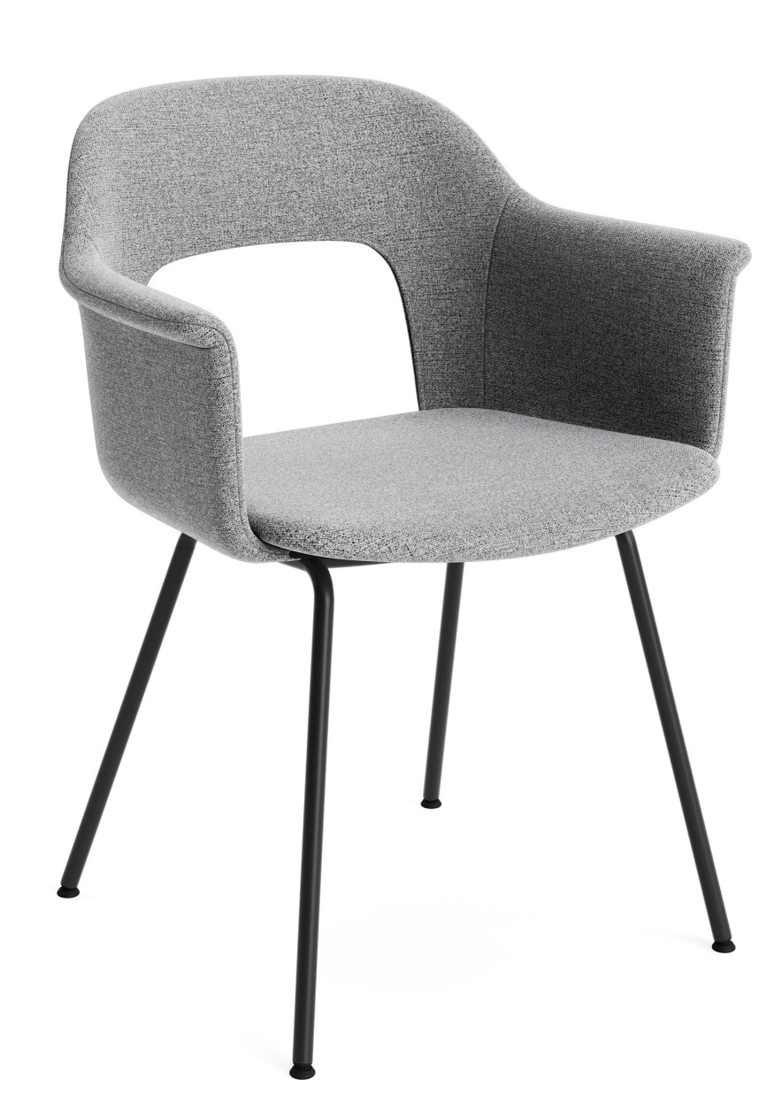 Grauer Layout Armchair 214 Armlehnstuhl von Hay mit Stoffbezug und schwarzen Metallbeinen.