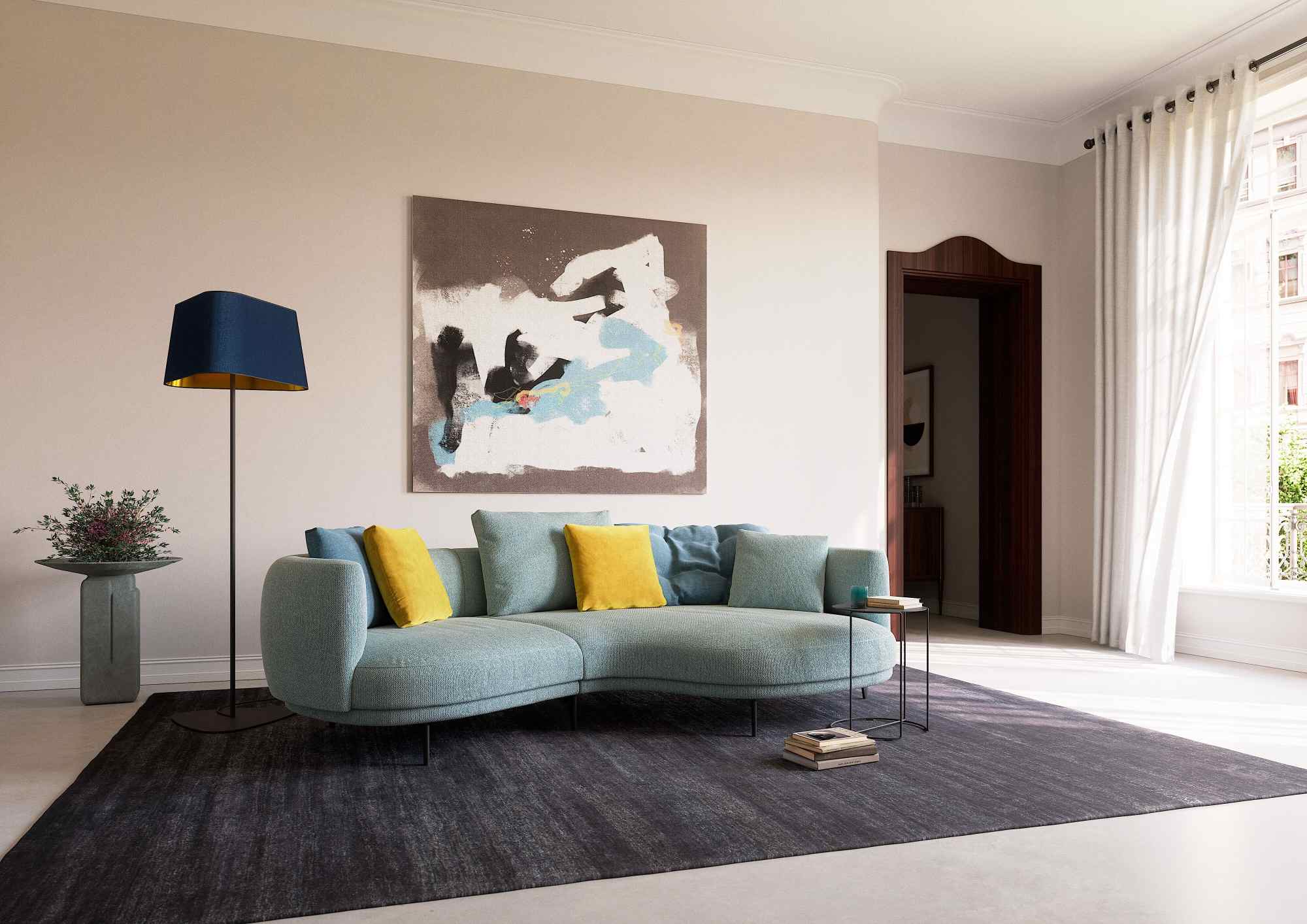Walter Knoll Marru Sofa, hellblaues, modernes Ecksofa mit gelben Kissen im Wohnzimmer.