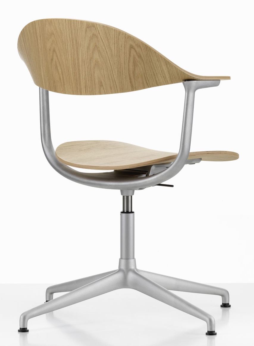 Mynt Bürodrehstuhl von Vitra mit hellem Holzfurnier, silbernem Gestell und Armlehnen von hinten.