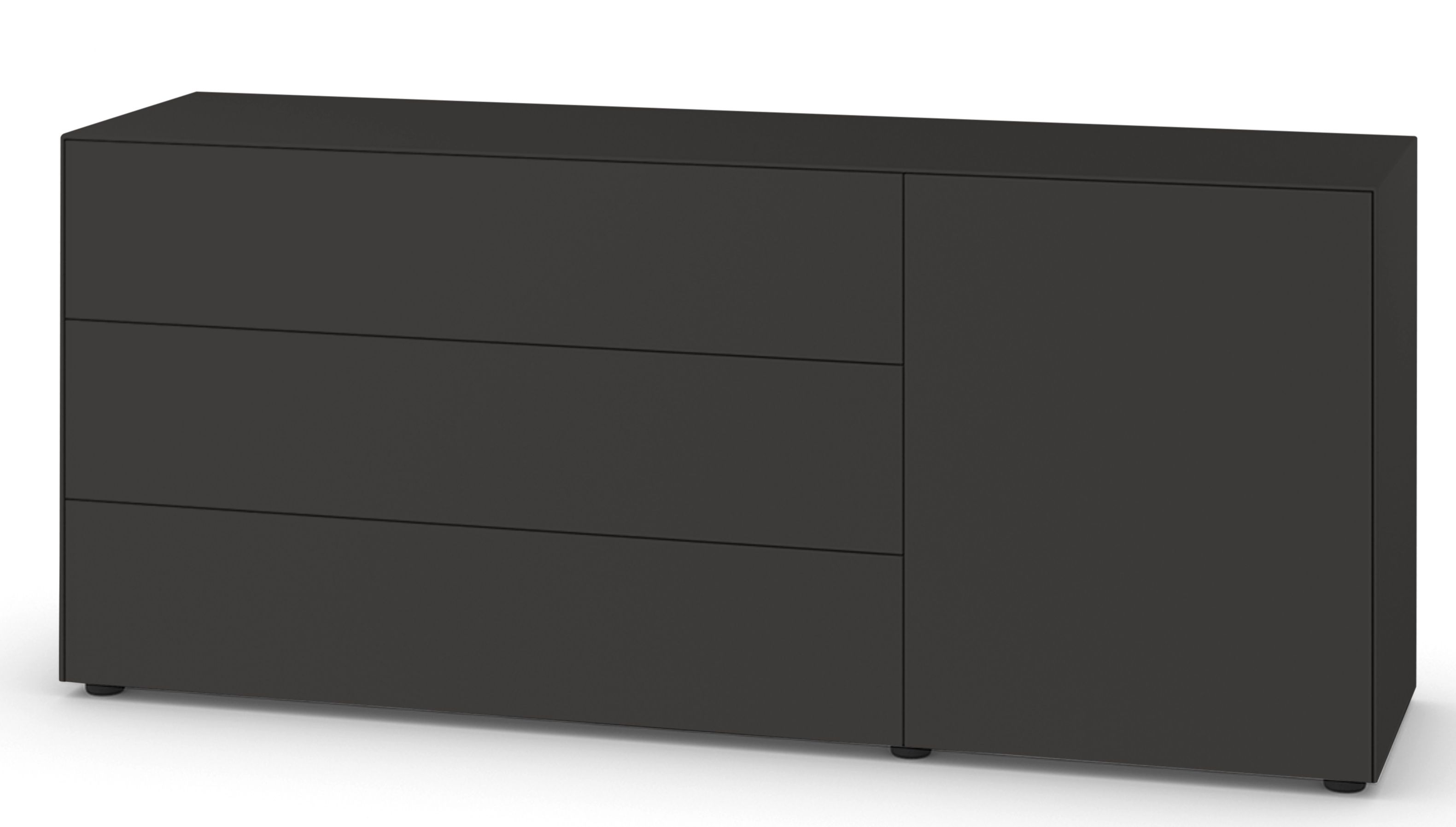 Nex Pur Box Lowboard von Piure in Anthrazit mit Schubladen und Tür für modernes Wohnzimmer.