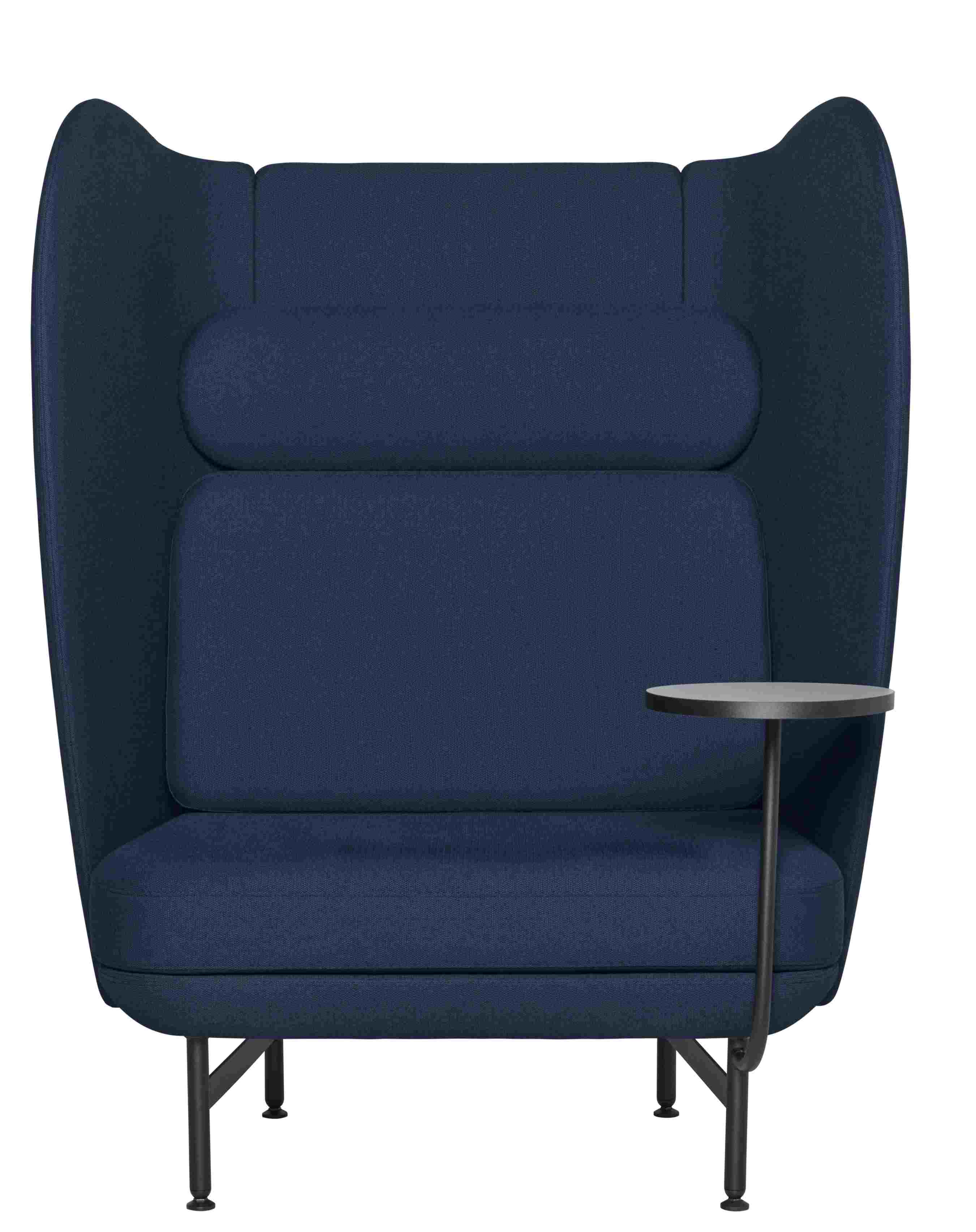 JH1001 Plenum Sessel von Fritz Hansen in Blau mit integriertem kleinem Tisch.