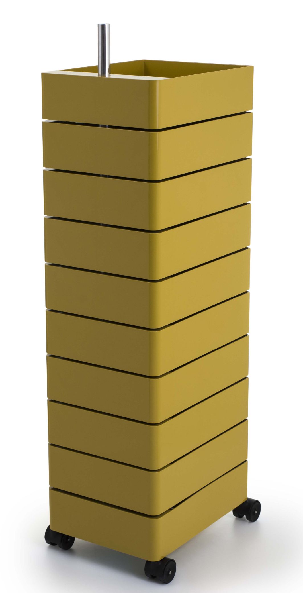 Gelber 360° Container von Magis mit Rollen und mehreren Schubladen zur Aufbewahrung, modernes Design.