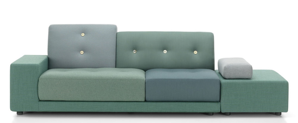 Vitra Polder Sofa in Grün- und Grautönen mit Knopfdetails, modernes modulares Wohnzimmermöbel.