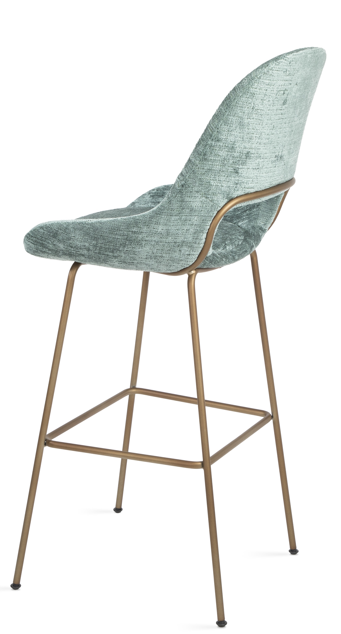 Theia Barstuhl von Freifrau Manufaktur, niedriger Hocker mit mintgrünem Samtbezug und goldenem Metallgestell.