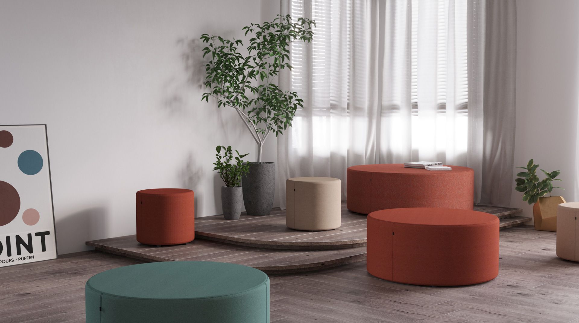 Mehrere farbige Bejot point POP R 450 Pouf Sitzhocker auf Rollen in modernem Wohnraum.