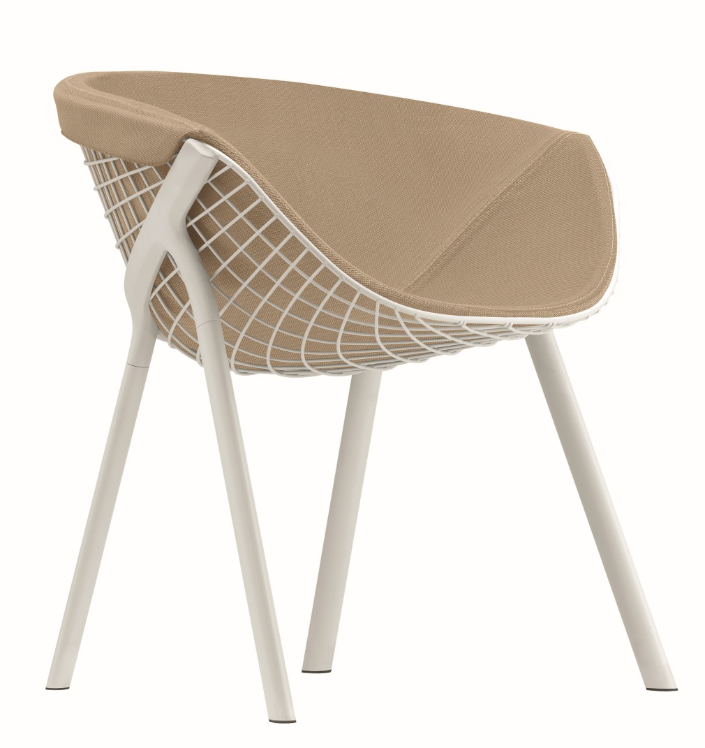Kobi Chair: Moderner Stuhl mit beigem Sitzpolster und weißem Drahtgestell für Wohn- und Esszimmer.