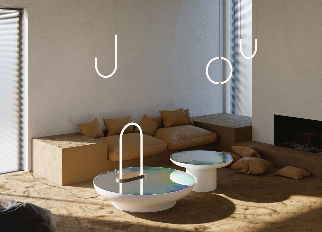 Weißer Francis Coffee Table Couchtisch von Petite Friture, runder Tisch mit reflektierender Oberfläche.