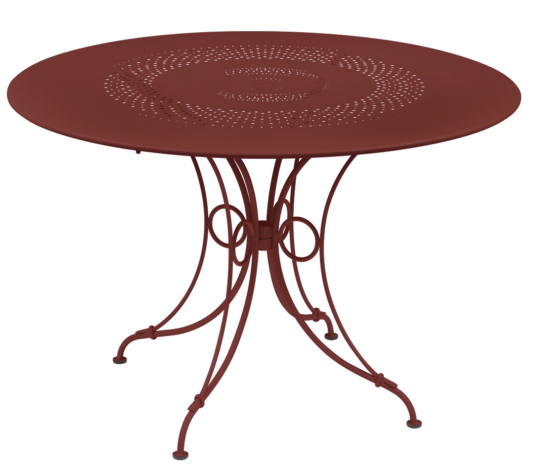 Roter Fermob 1900 Gartentisch mit durchbrochenem Muster, runder Tisch für den Außenbereich, Ø 117 cm.