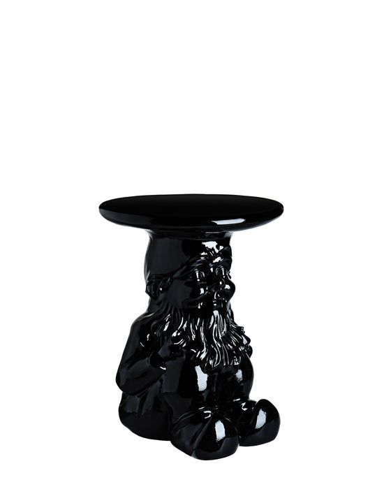 Schwarzer Gartenzwerg Hocker "Gnomes" von Kartell, glänzende Oberfläche, moderner Beistelltisch für Innen und Außen.