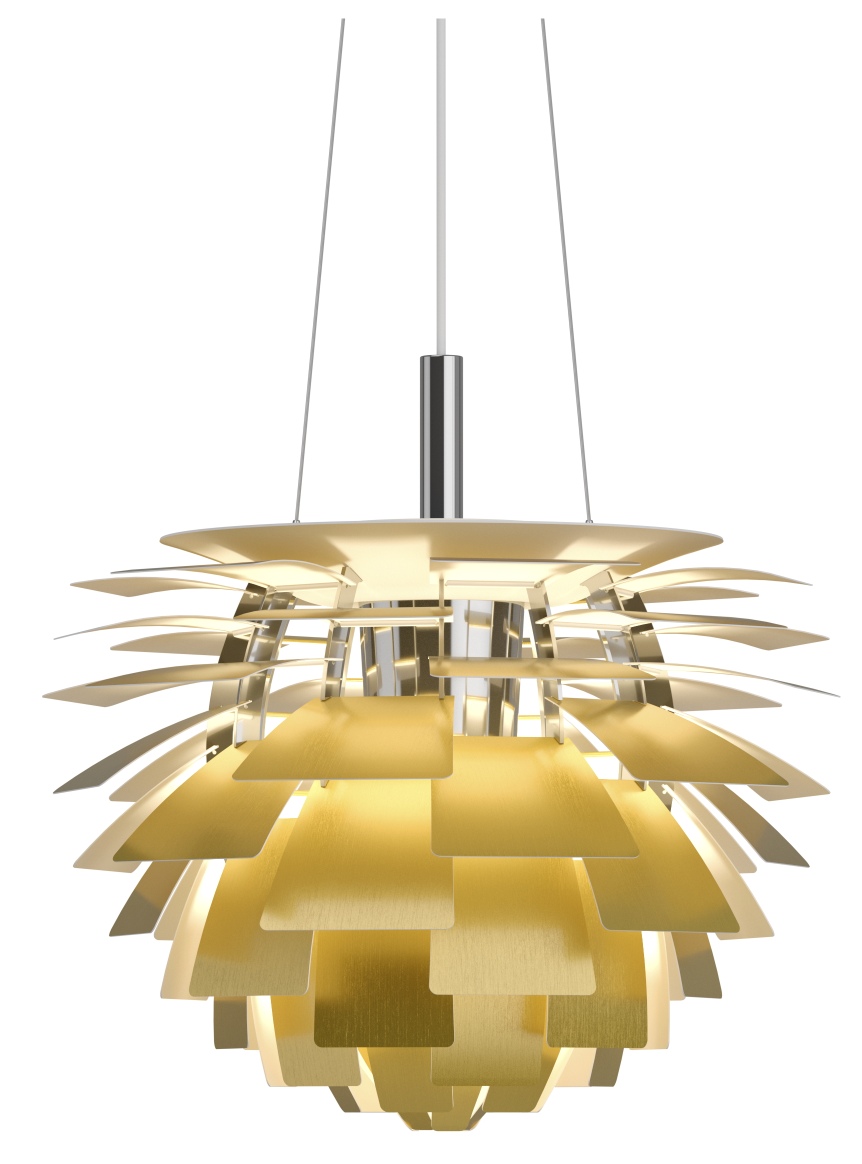 Nahaufnahme der PH Artichoke Pendelleuchte von Louis Poulsen in Messing, modernes Design für Wohnzimmer.