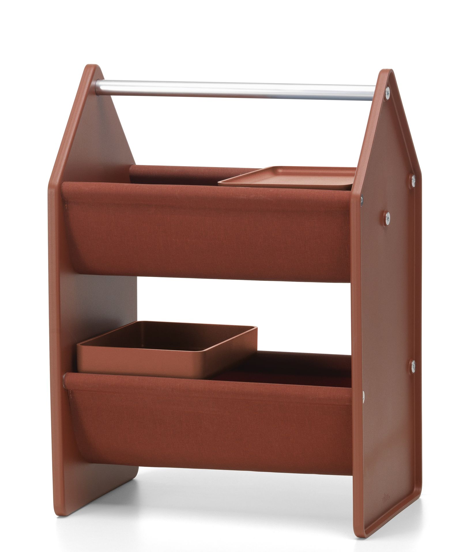 Vitra Drop Box Aufbewahrungsbox in Braun mit zwei Fächern und Ablageschalen für Bürobedarf.