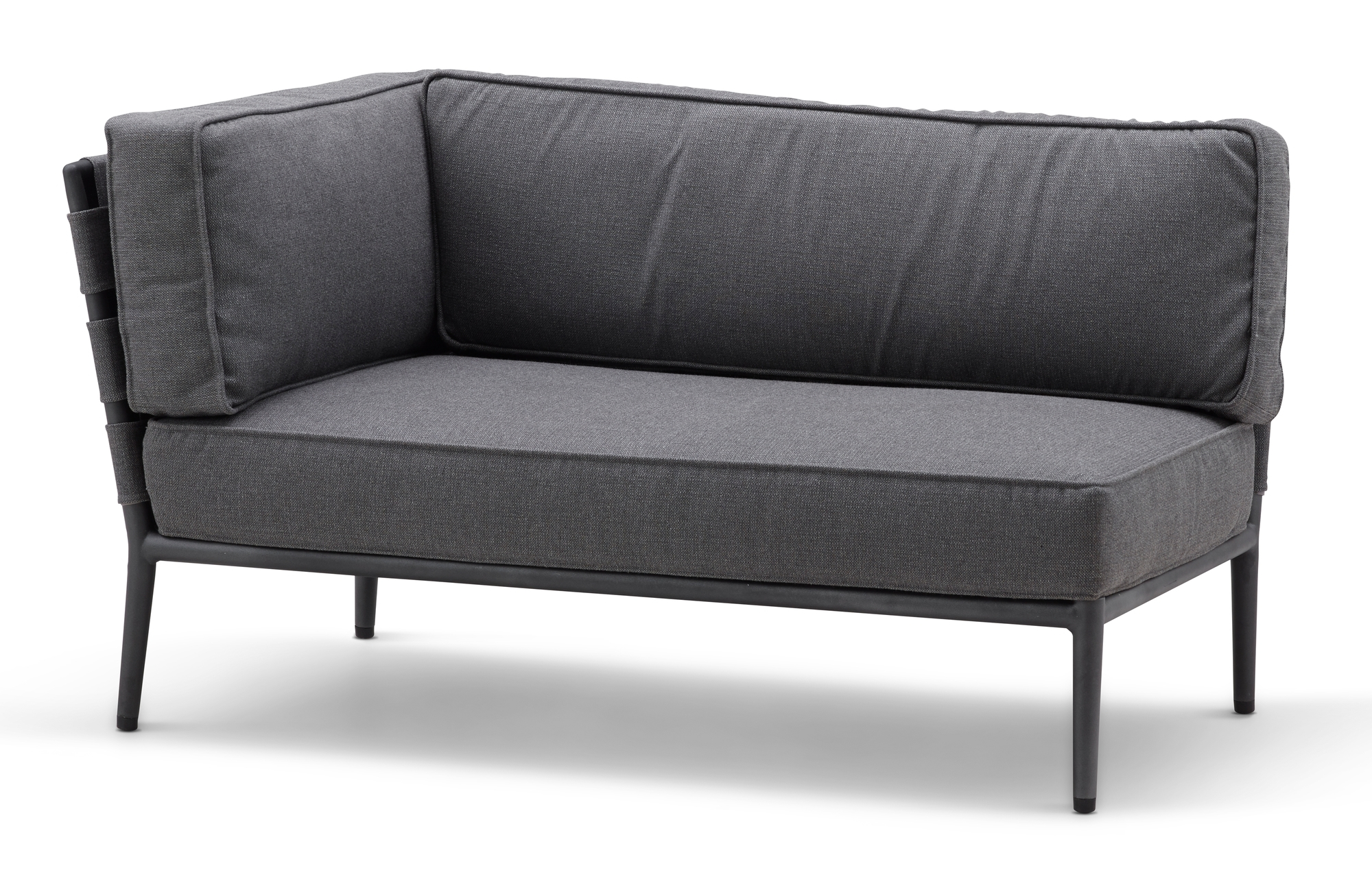 Graues Conic Outdoor Modulsofa 2-Sitzer rechts von Cane-Line mit bequemen Kissen und schwarzem Rahmen.