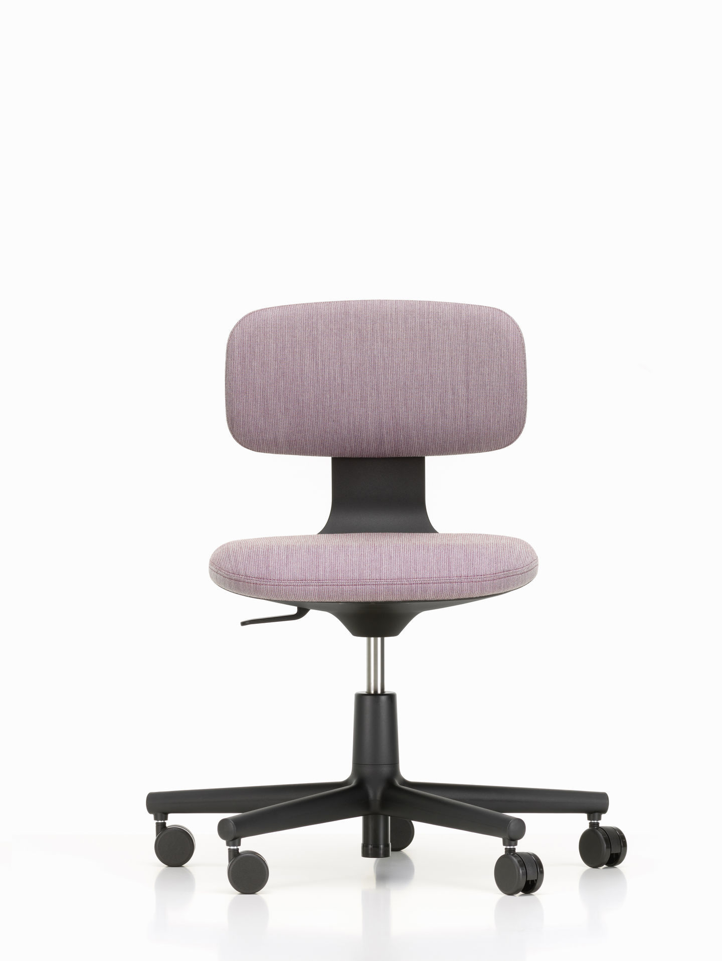 Vitra Rookie Bürodrehstuhl mit lila Stoffbezug und schwarzem Fußkreuz, ergonomischer Schreibtischstuhl für Büro.