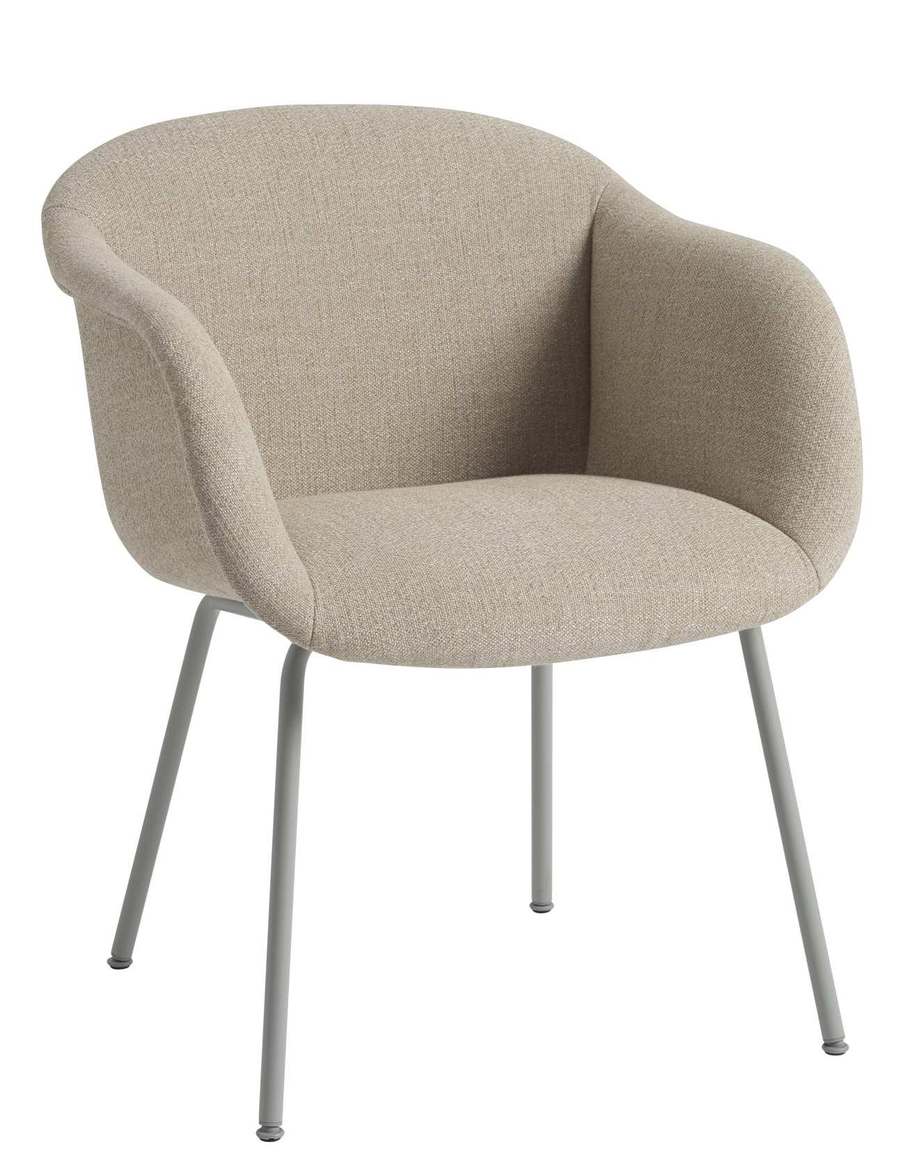 Muuto Fiber Armlehnstuhl mit beigem Stoffbezug und grauem Metallgestell, moderner skandinavischer Design Stuhl.