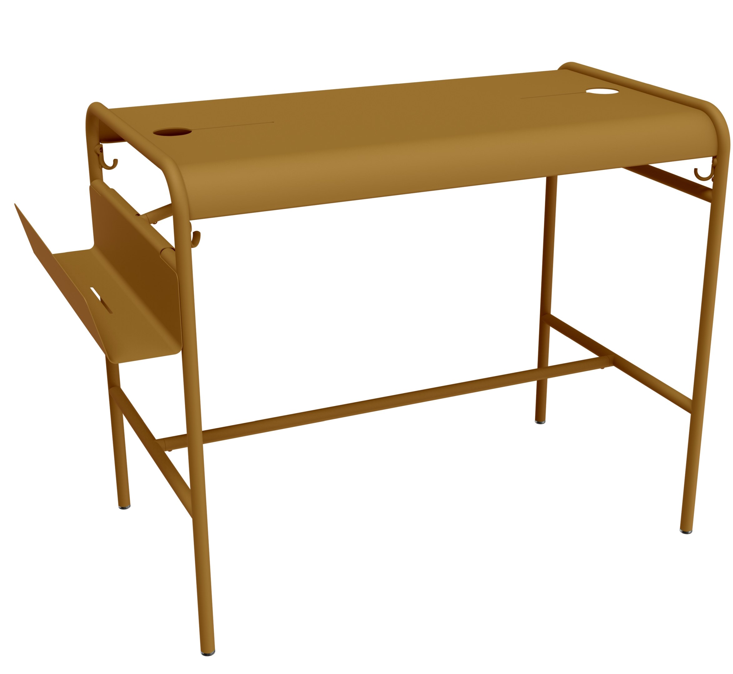 Luxembourg Work Stehtisch von Fermob in Honig: Moderner, hoher Outdoor-Tisch mit Ablagefach und Haken.