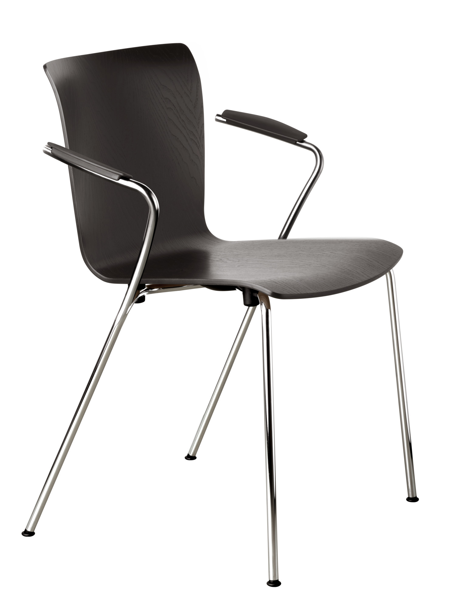 Vico Stuhl von Fritz Hansen, dunkel gebeiztes Holz mit Armlehnen und verchromtem Stahlgestell.