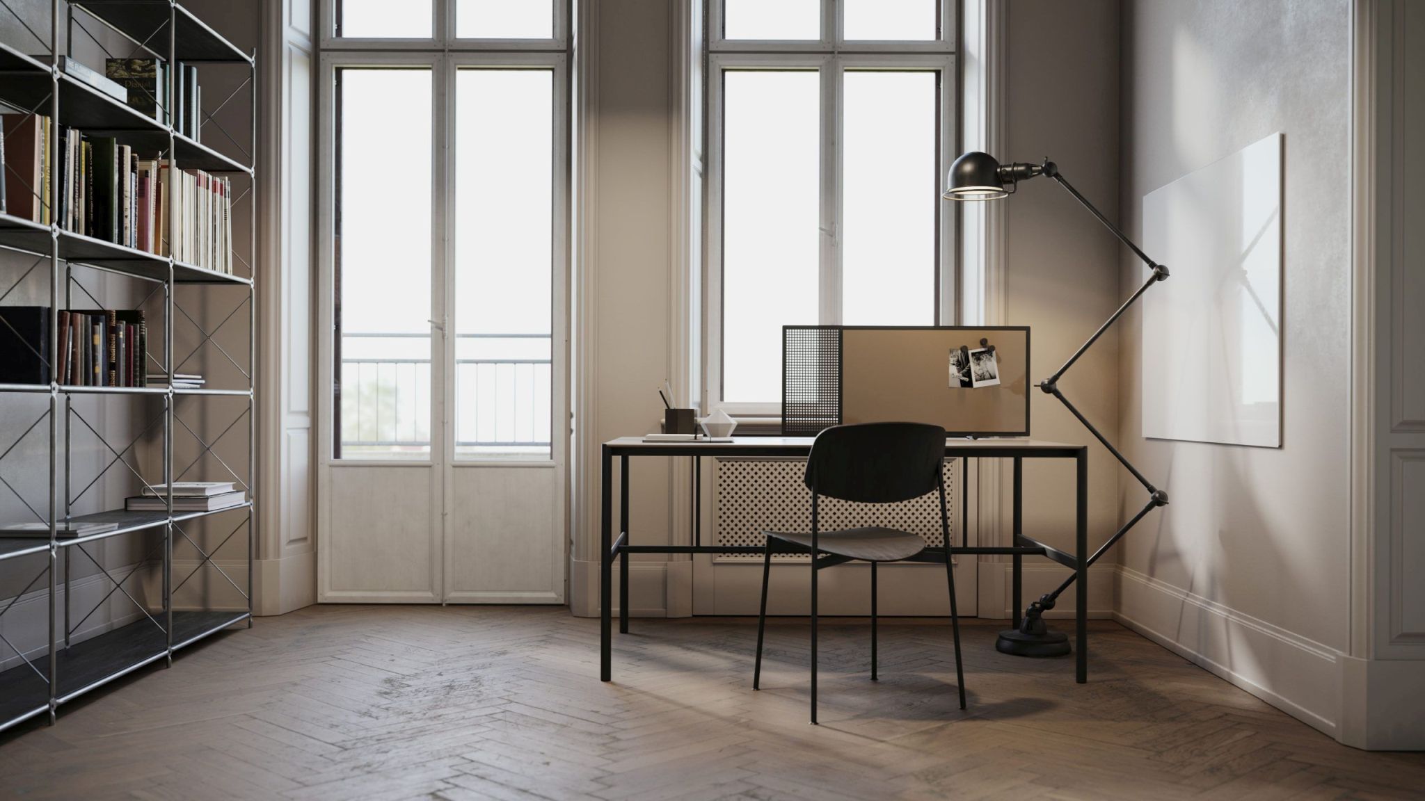 Helles Büro mit Chat Board Classic Wand Glastafel, Schreibtisch, Lampe und Bücherregal für moderne Arbeitsbereiche.