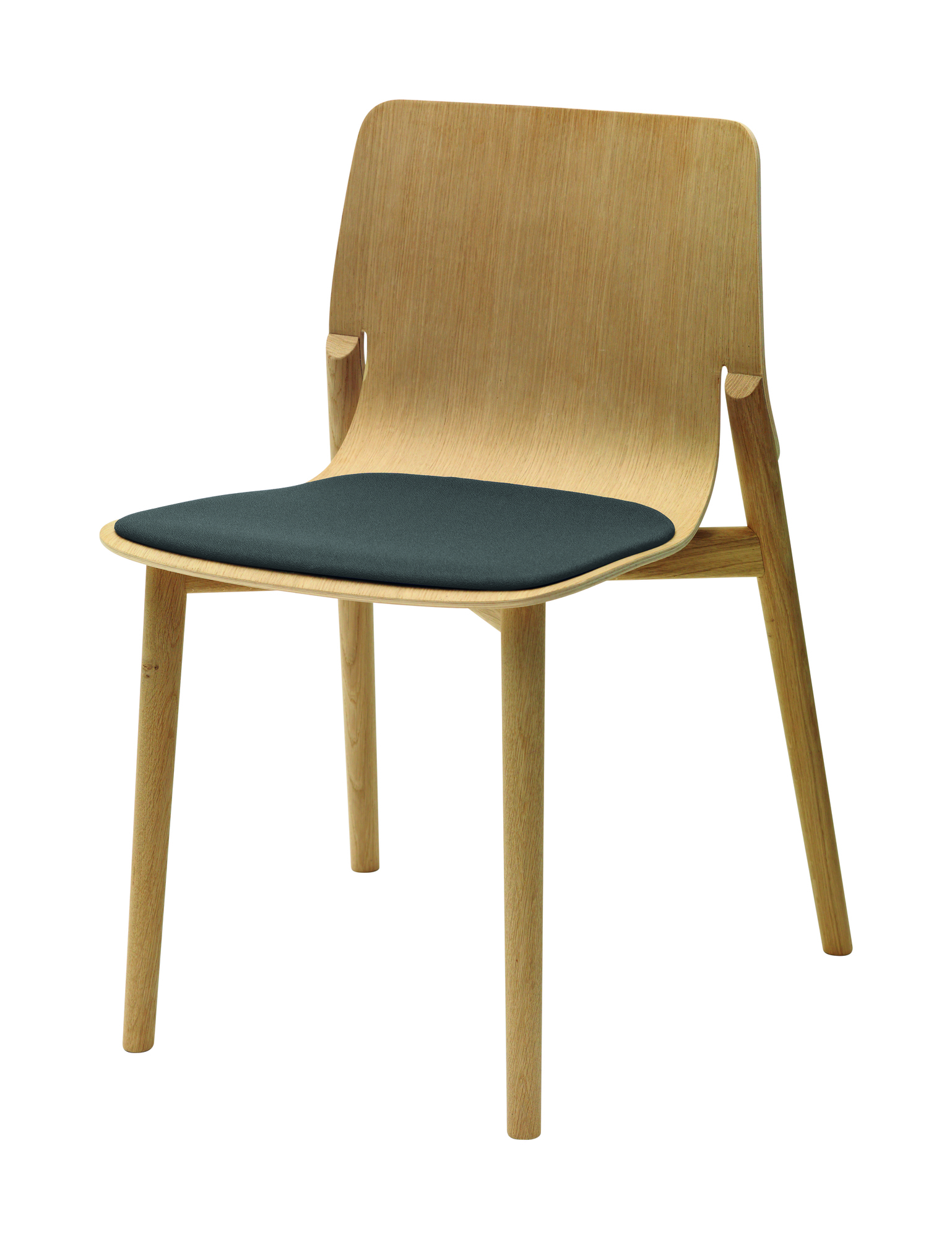 Kayak Holzstuhl mit grauer Sitzfläche, minimalistisches Design für Esszimmer und Büro.