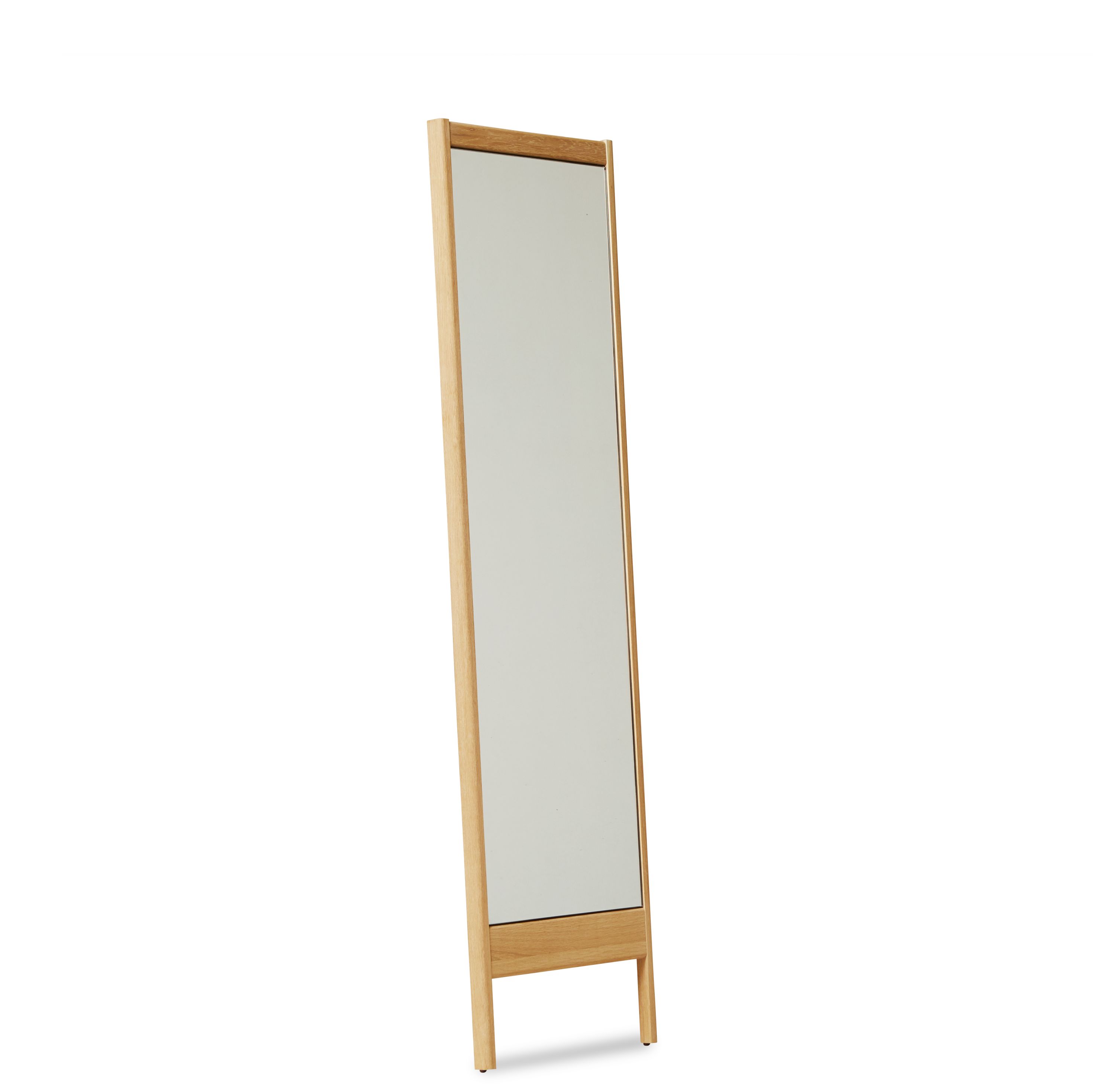 A Line Spiegel mit hellem Holzrahmen, stehend, modernes Design für Flur und Schlafzimmer.