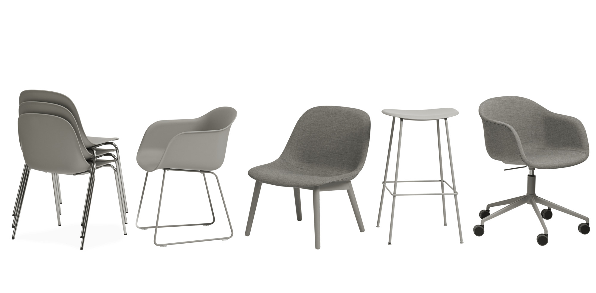Graue Muuto Fiber Armchair Stühle mit verschiedenen Gestellen: Kufengestell, Vierfuß, Barhocker und Bürostuhl.