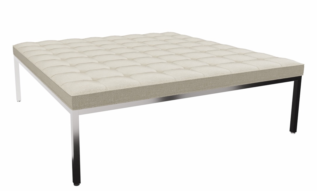 Quadratische Florence Bank von Knoll International mit gestepptem, beigem Stoffbezug und Stahlgestell.