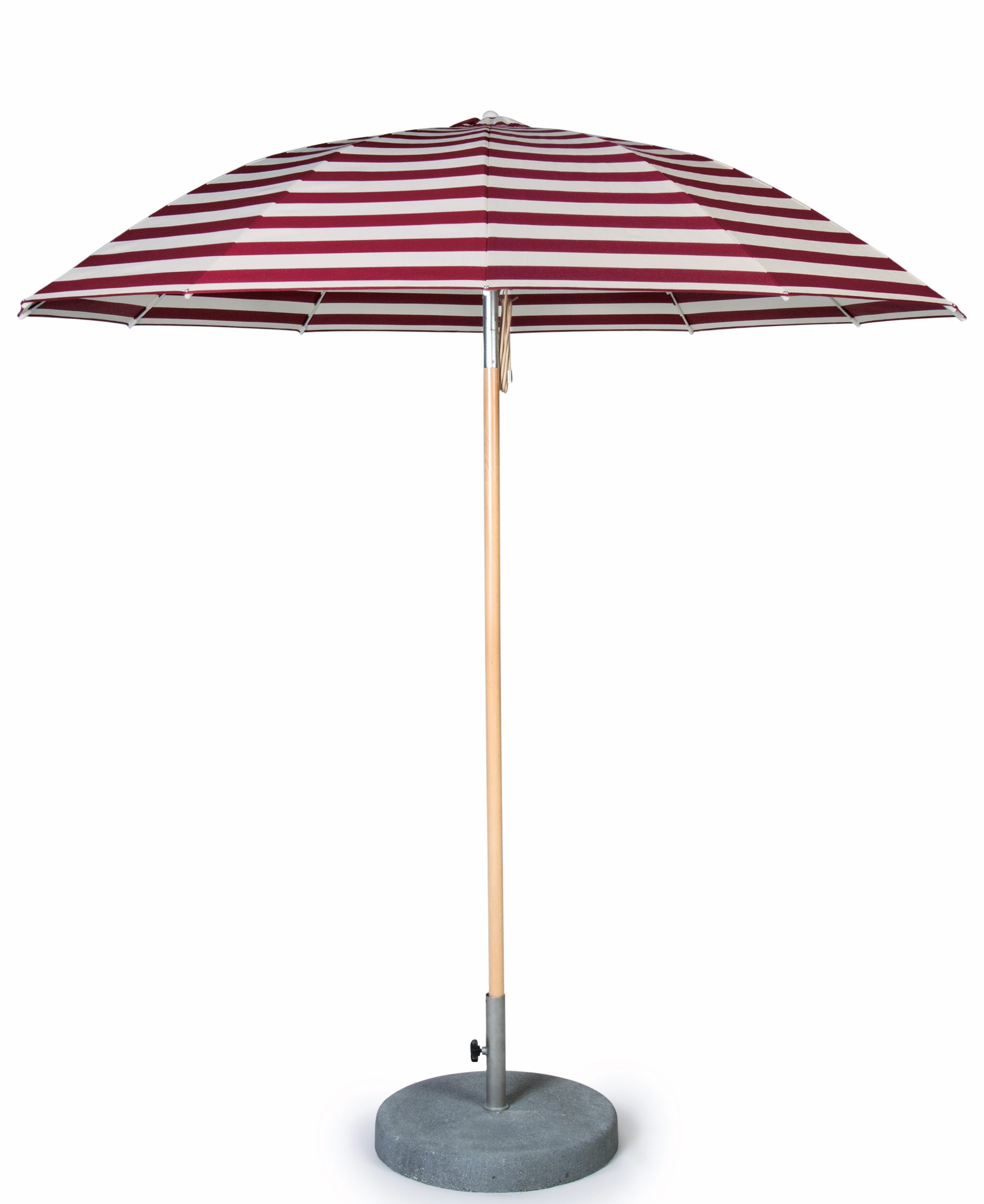 Weishäupl Pagodenschirm mit rot-weiß gestreiftem Stoff, Holzstiel und grauem Betonsockel für Garten und Terrasse.