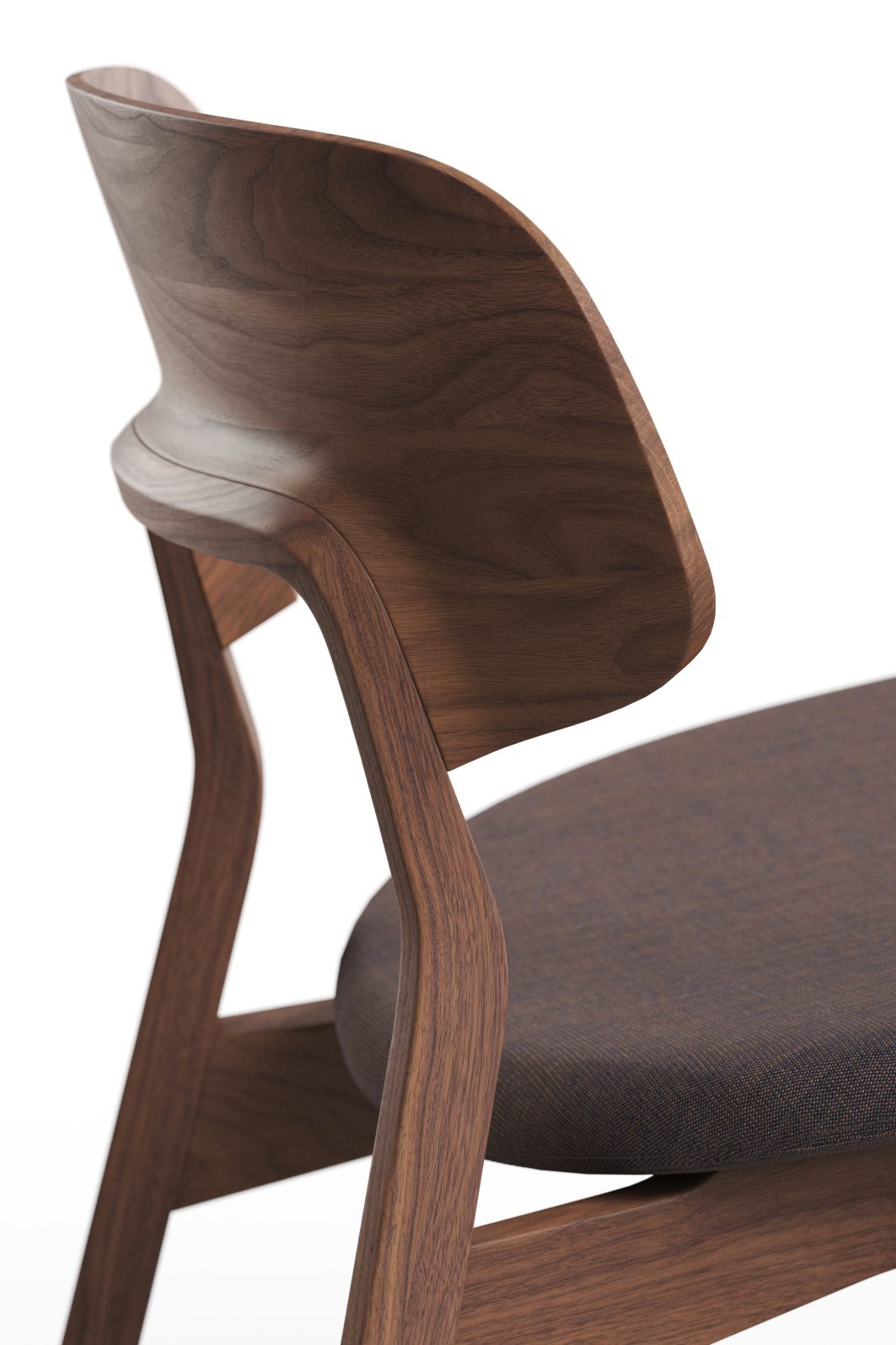 Detailaufnahme: Nonoto Lounge Chair mit braunem Sitzpolster, Cocktailsessel aus Holz.
