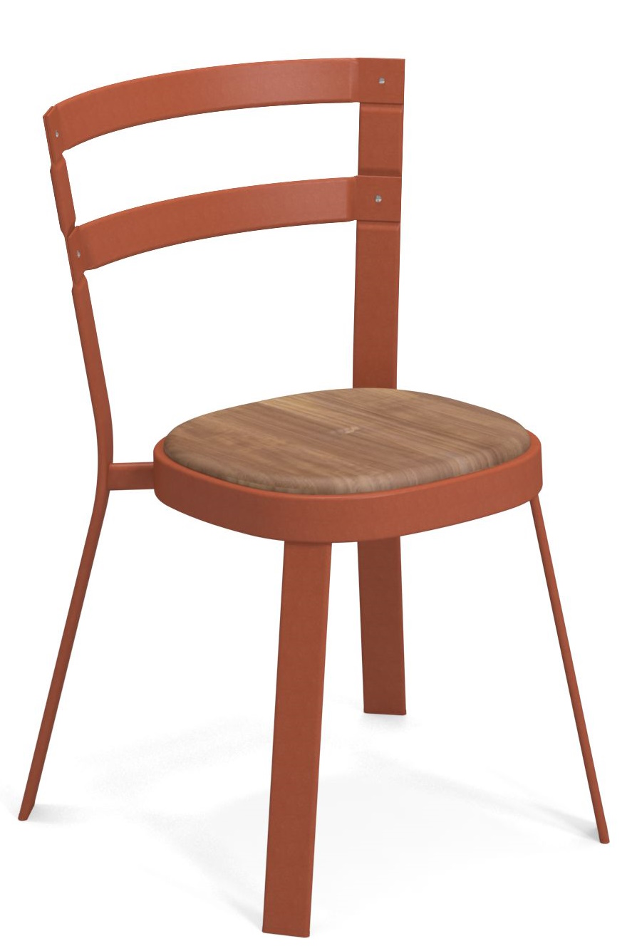 Thor Chair von Emu, moderner Outdoor-Stuhl aus Terrakotta-farbenem Metall mit Sitzfläche aus warmem Holz.