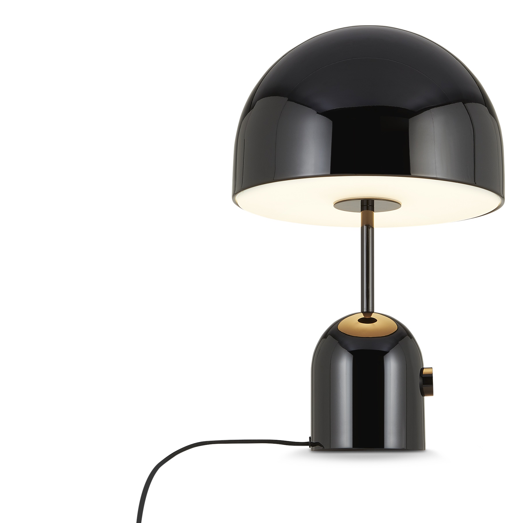 Schwarze Bell Tischleuchte von Tom Dixon mit LED-Beleuchtung und glänzendem Finish. Designlampe für Nachttisch oder Schreibtisch.